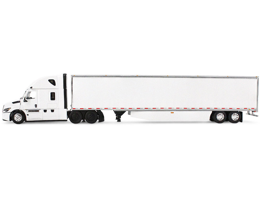 White Freightliner Fifth Generation Cascadia raised roof sleeper and 53' utility trailer diecast model by Miniature Motors, detailed scale replica