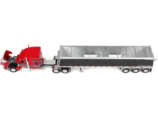 Kenworth W990 with 76" Mid-Roof Sleeper and Lode King Distinction Hopper Trailer Red and Black 1/64 Diecast Model by DCP/First Gear