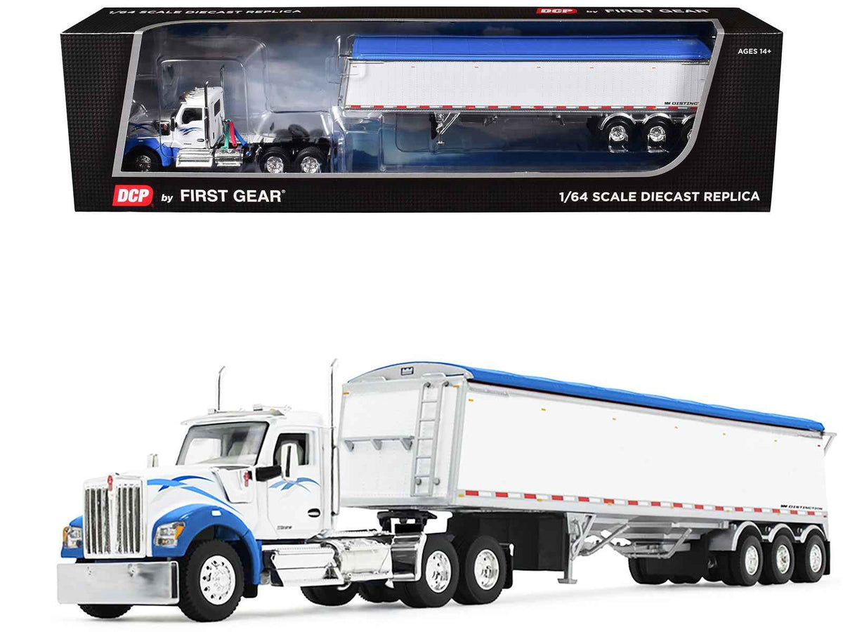 Miniature Motors Kenworth W990 Day Cab and Lode King Distinction Hopper Trailer diecast model in white and blue, 1/64 scale.