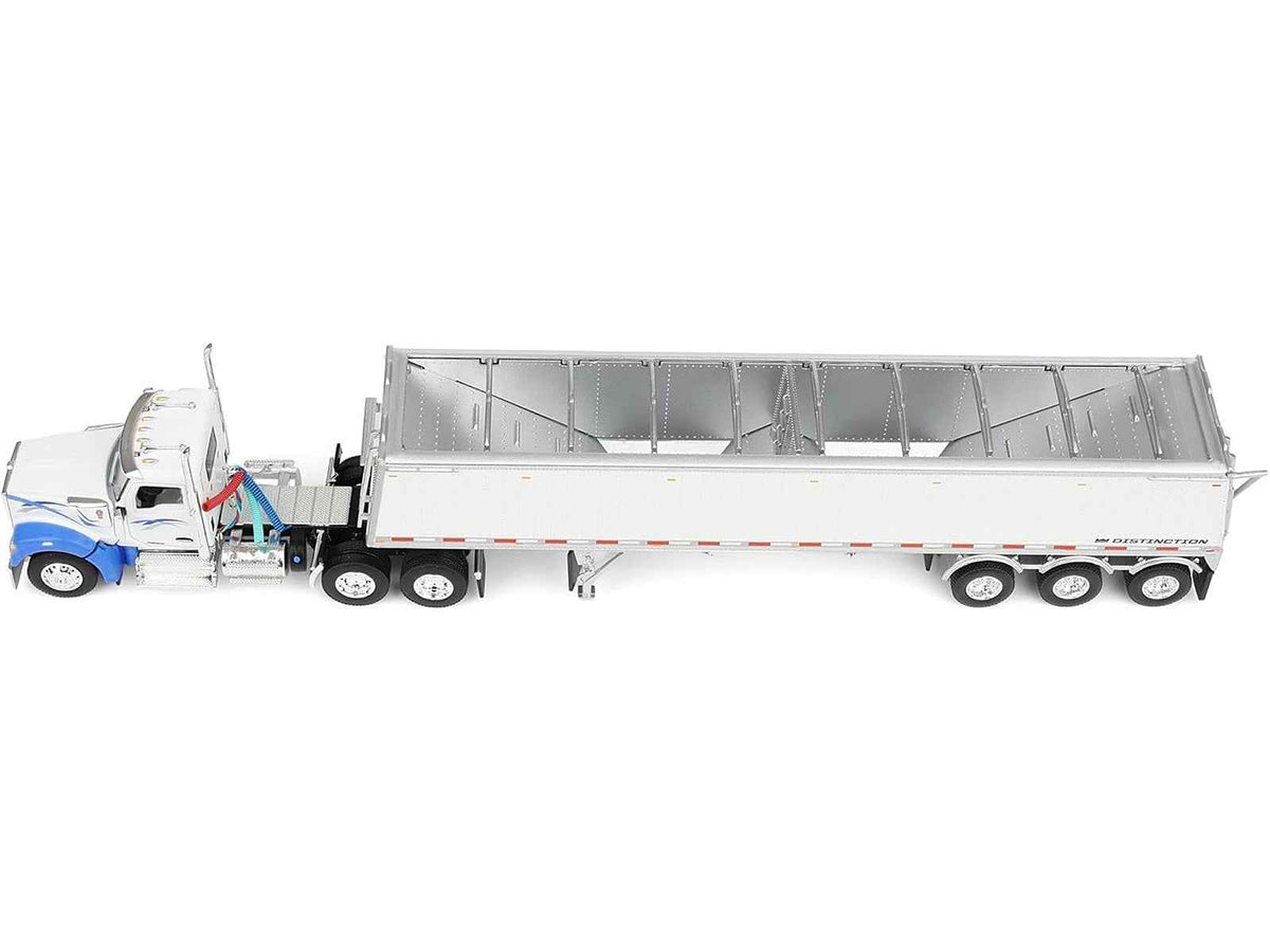 Miniature Motors Kenworth W990 Day Cab and Lode King Distinction Hopper Trailer diecast model, white and blue, 1/64 scale.