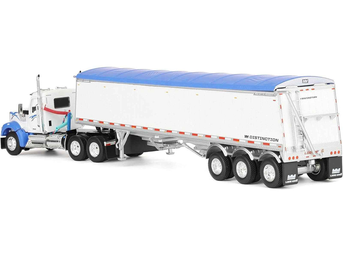 White and blue Kenworth W990 day cab with Lode King hopper trailer diecast model, 1/64 scale by Miniature Motors, detailed truck display