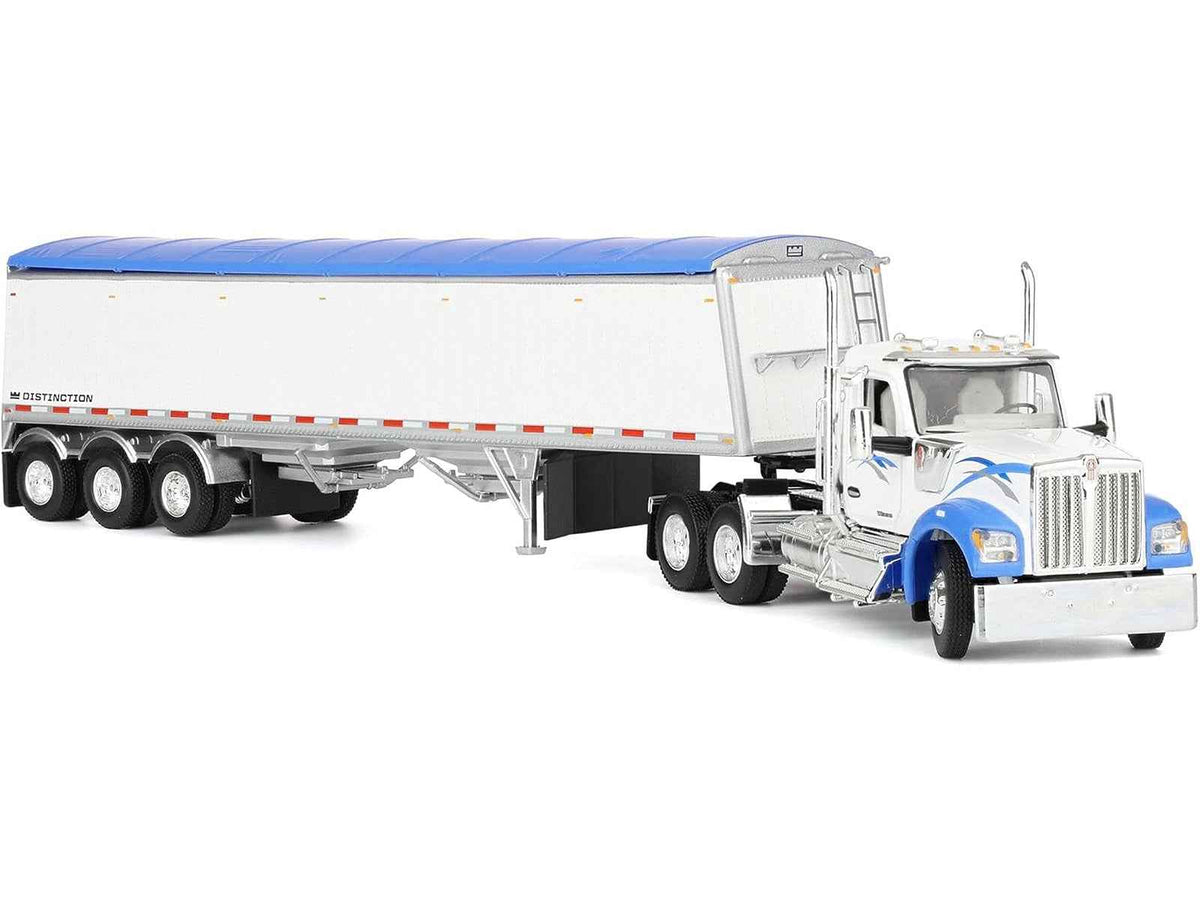 White and blue Kenworth W990 day cab and Lode King hopper trailer diecast model, detailed miniature truck by Miniature Motors.