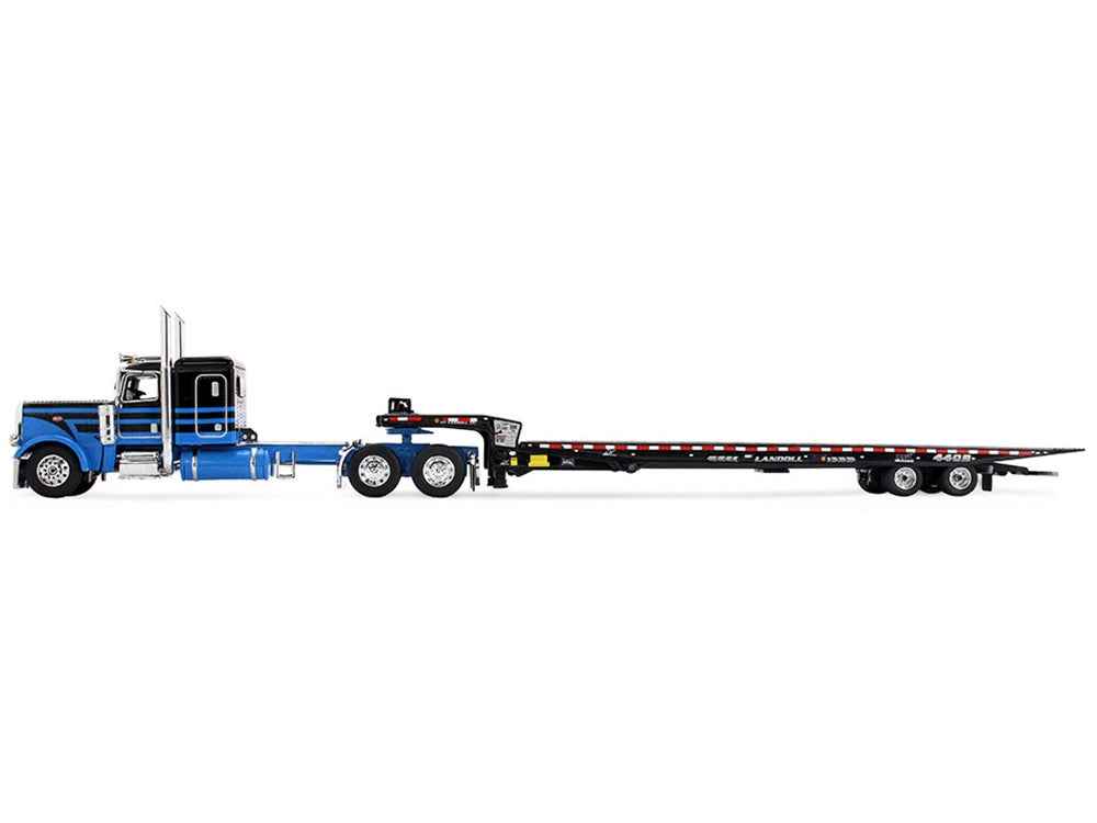Miniature Motors Peterbilt 389 diecast model with 48-inch flat top sleeper and Landoll 440B-50CA trailer in black with blue stripes