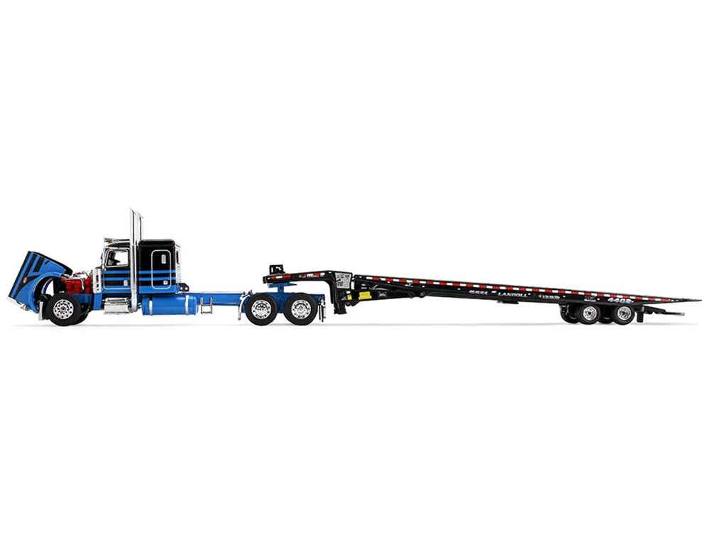 Miniature Motors Peterbilt 389 diecast model with 48" sleeper and black Landoll 440B-50CA trailer with blue stripes, 1/64 scale.