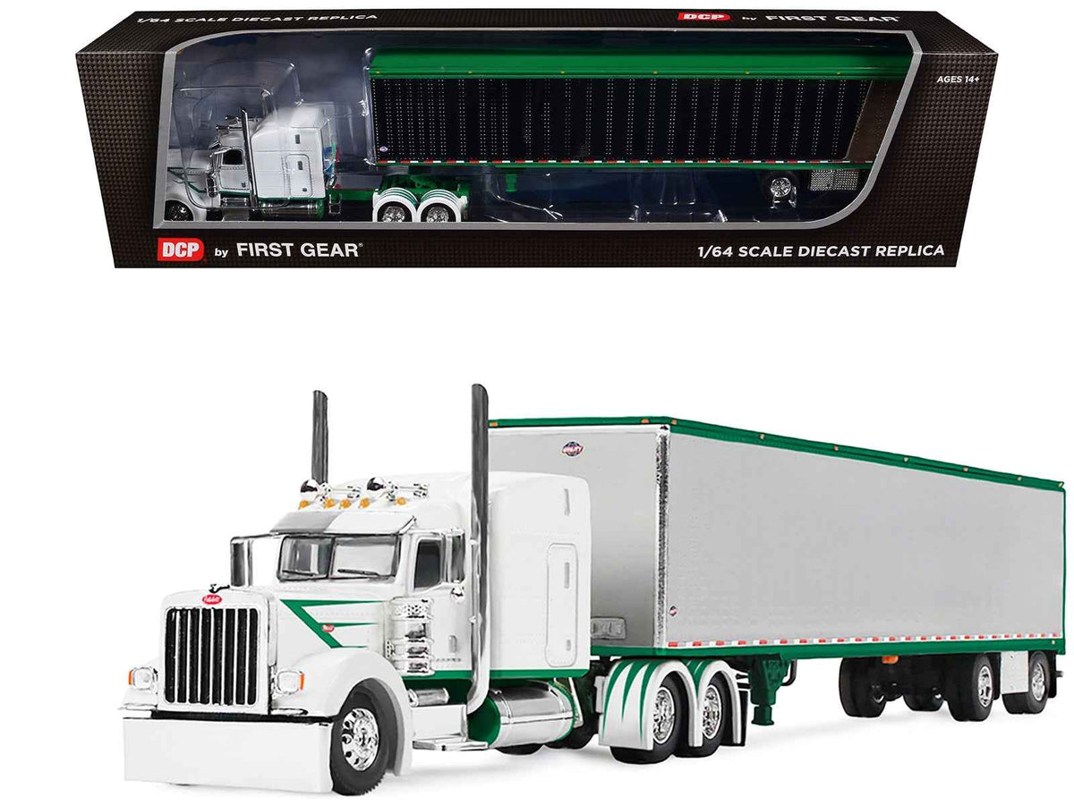 White Peterbilt 389 diecast model with 63" mid-roof sleeper and 53' utility trailer with green stripes by Miniature Motors