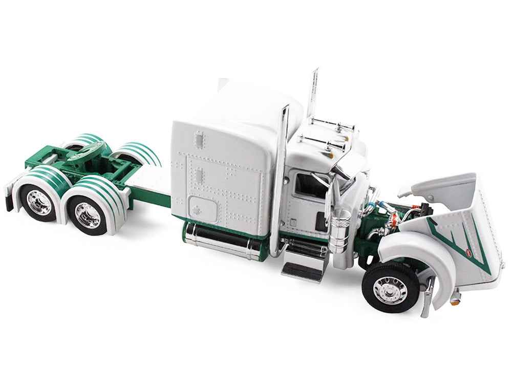 Miniature Motors Peterbilt 389 diecast model with 63" sleeper and 53' utility trailer in white with green stripes, detailed scale replica