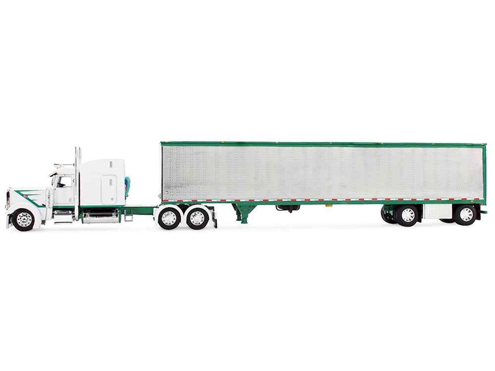 White Peterbilt 389 diecast model with 63" Mid-Roof Sleeper and 53' utility trailer, detailed miniature truck by Miniature Motors