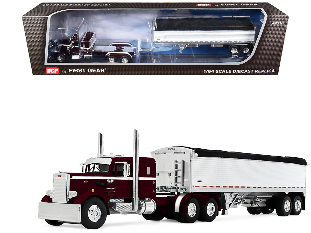 Miniature Motors 1/64 diecast Peterbilt 351 model with 36" sleeper and Wilson Pacesetter grain trailer in dark cherry with white stripes