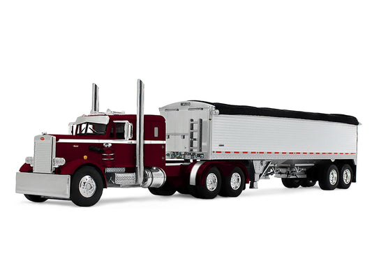 Peterbilt 351 with 36" Sleeper and 34' Wilson Pacesetter Grain Trailer Dark Cherry with White Stripes 1/64 Diecast Model by DCP/First Gear