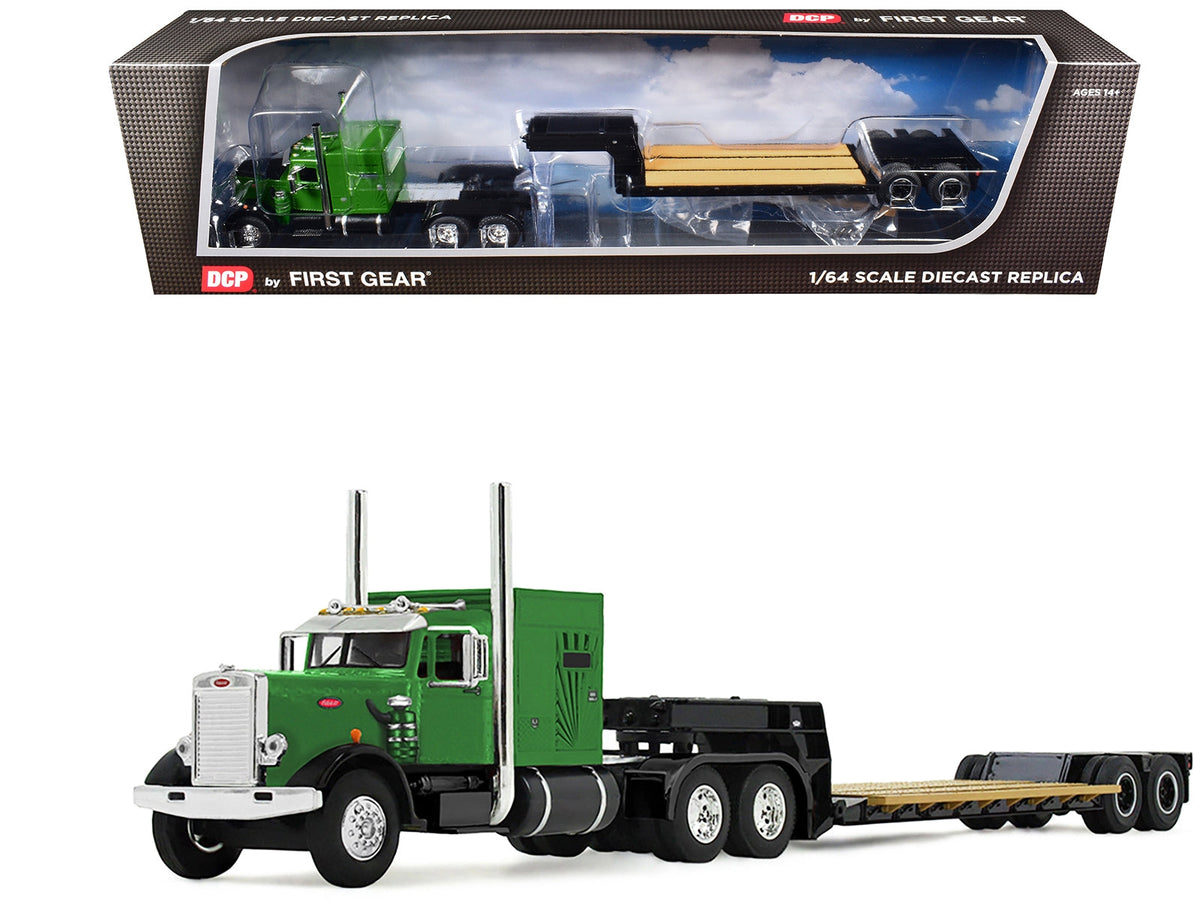 Miniature Motors Peterbilt 351 diecast model with vintage sleeper and Rogers lowboy trailer, green with black details, 1/64 scale.