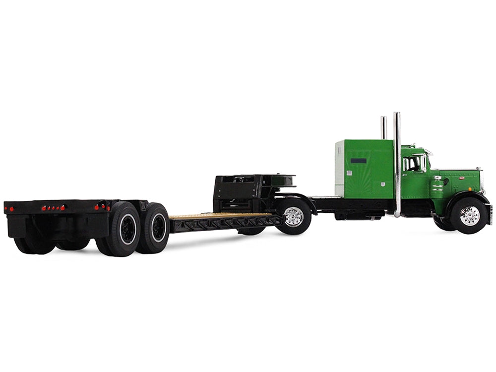 Miniature green Peterbilt 351 diecast model with vintage 60" sleeper and Rogers lowboy trailer, detailed 1/64 scale by DCP/First Gear