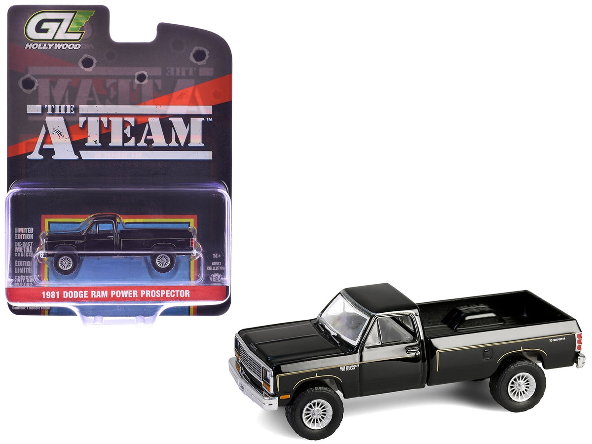 Black 1981 Dodge Power Ram Prospector pickup truck diecast model by Greenlight, from the Hollywood Series, 1/64 scale.