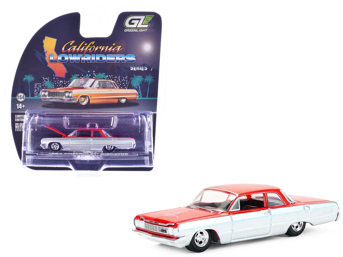 Miniature Motors 1964 Chevrolet Biscayne lowrider diecast model car in silver metallic and red two-tone finish, part of California Lowriders Series 7.