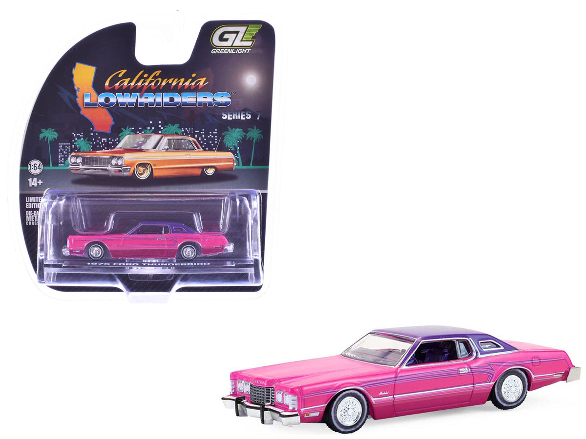 Miniature Motors 1/64 diecast Ford Thunderbird lowrider model in pink metallic with purple top, graphics, and interior, California Lowriders series