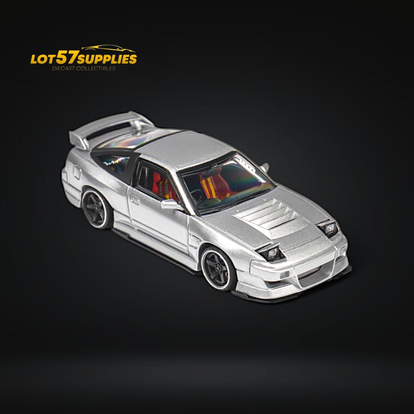 MicroTurbo Nissan 180SX Miyabi diecast model in metallic silver, 1:64 scale, featuring detailed Nissan design and branding.