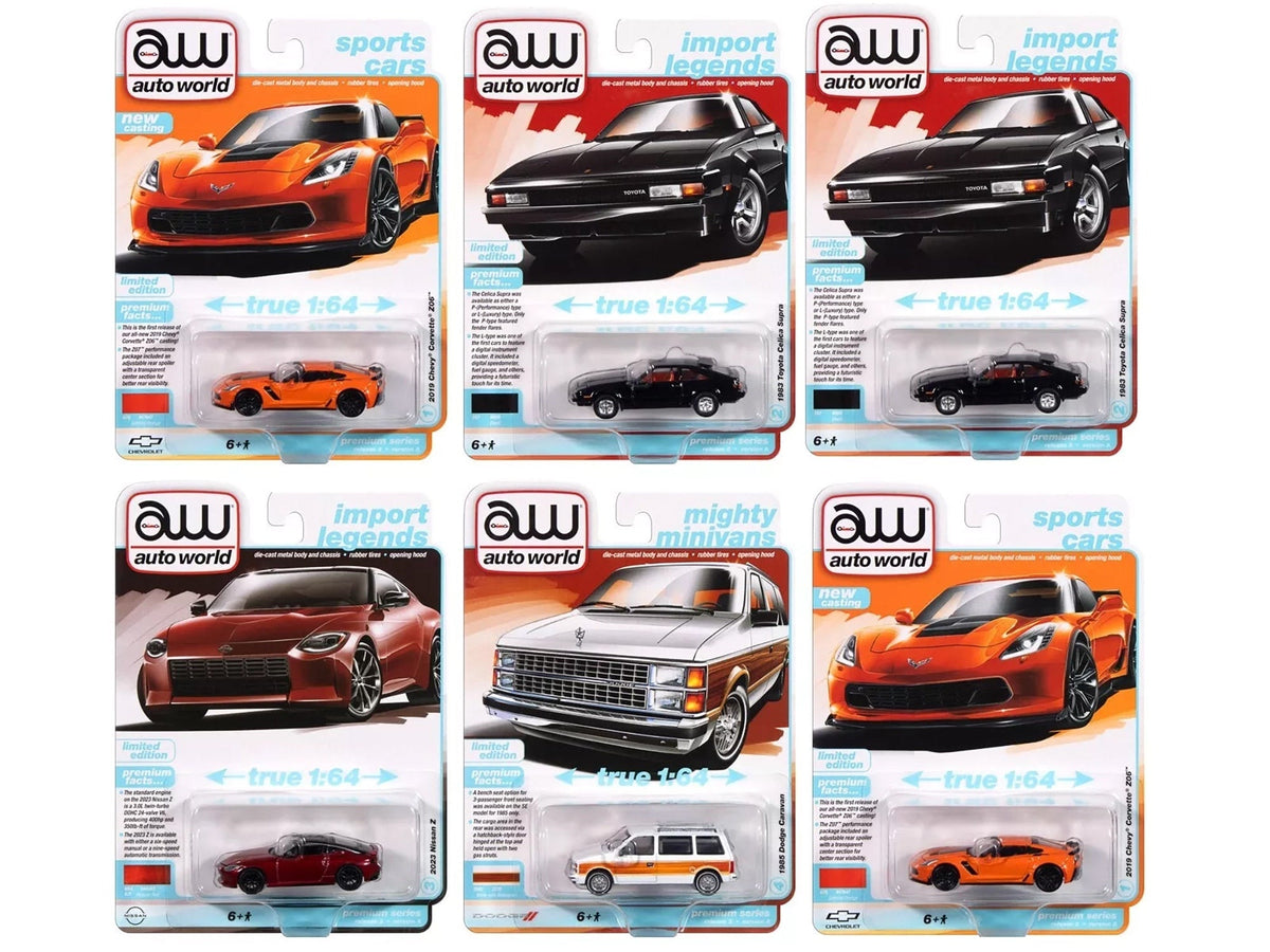 Set of six 1/64 scale diecast model cars from Auto World Premium 2024 Set A by Miniature Motors, detailed collectible vehicles.