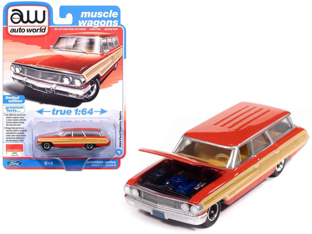 Miniature Motors 1964 Ford Country Squire diecast model car in Poppy Red with woodgrain sides, part of the "Muscle Wagons" series.