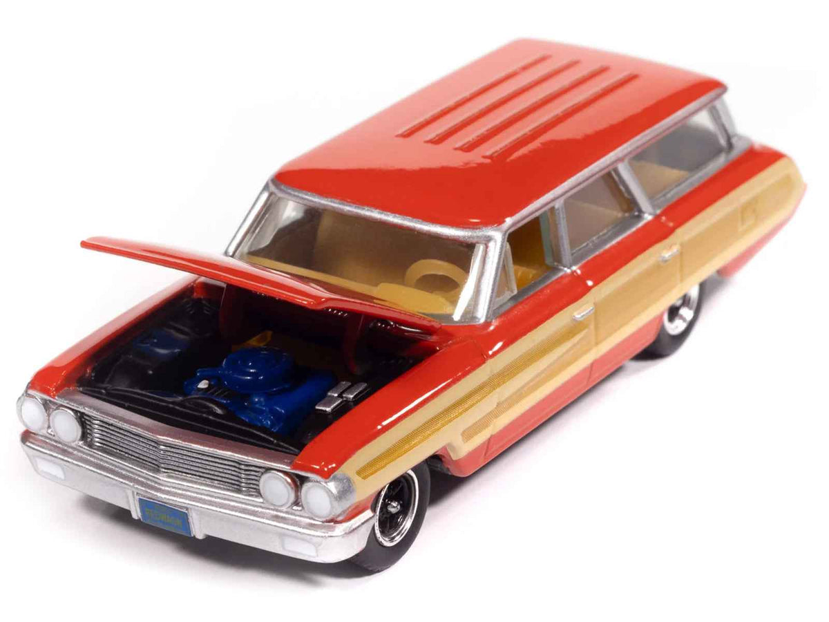 Miniature Motors 1964 Ford Country Squire diecast model car in Poppy Red with woodgrain sides, part of the "Muscle Wagons" series.
