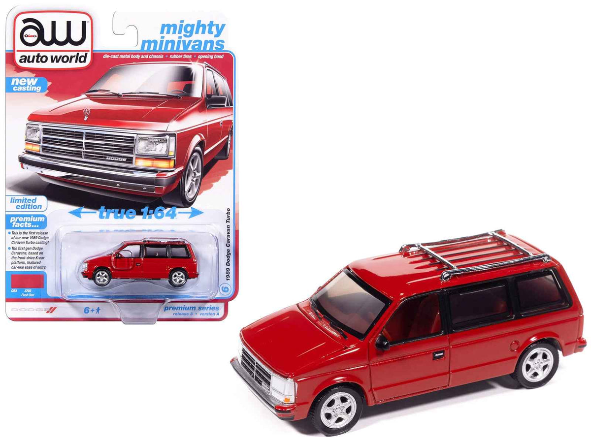 Miniature Motors 1/64 diecast model of 1989 Dodge Caravan Turbo Van in flash red from Mighty Minivans series by Auto World.