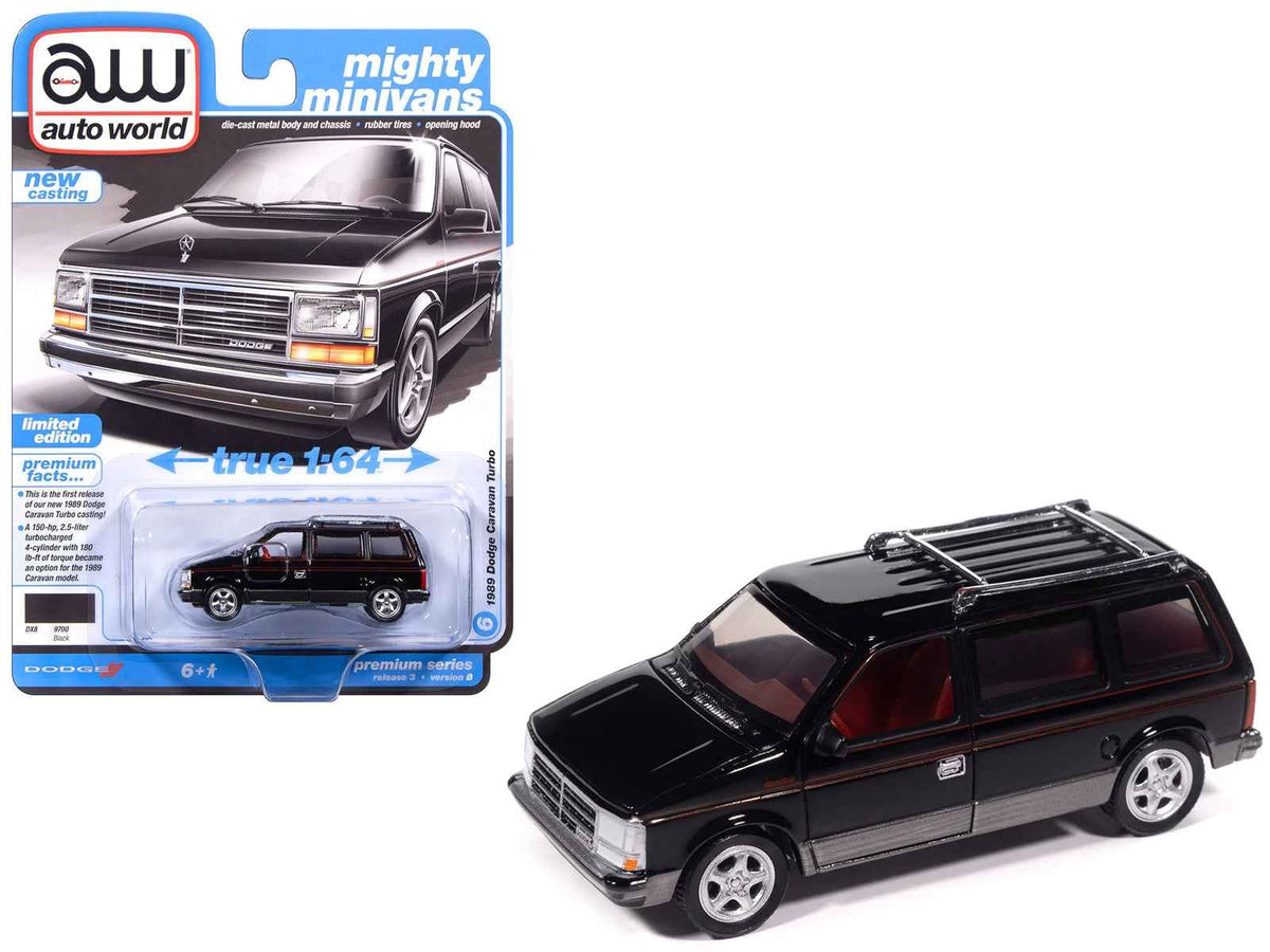 Black 1989 Dodge Caravan Turbo diecast model car by Miniature Motors, with red stripes and detailed interior, part of Mighty Minivans series.