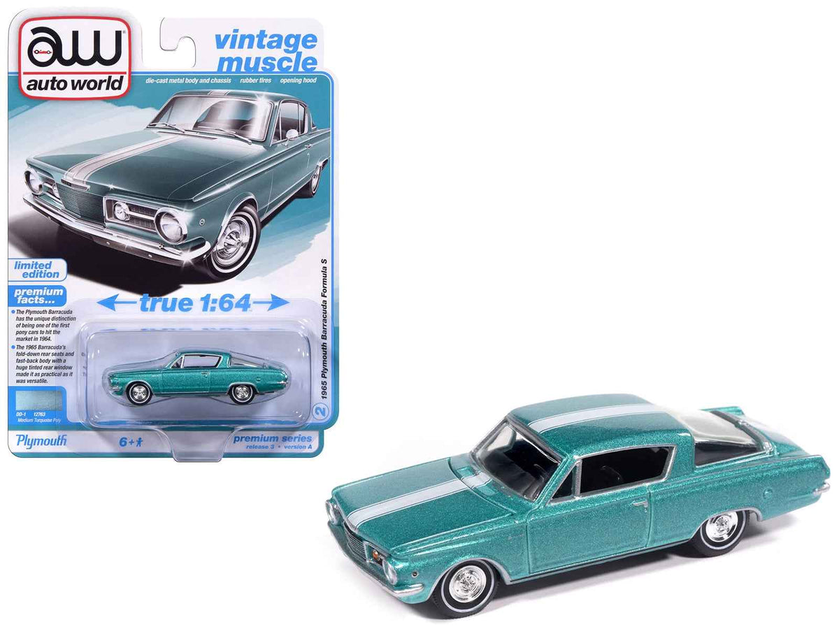 Miniature Motors 1965 Plymouth Barracuda Formula S diecast model car in turquoise metallic with white stripe, part of Vintage Muscle series.