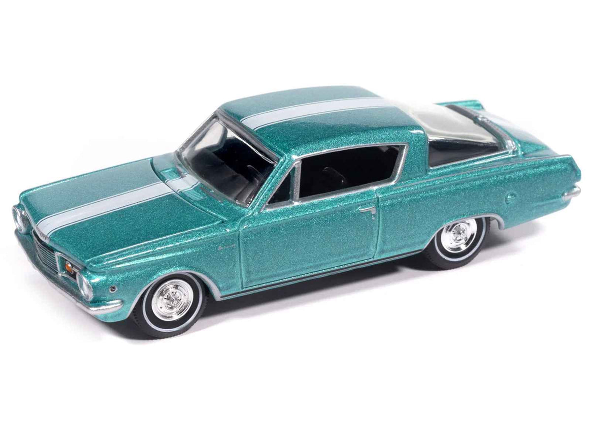 Miniature Motors 1965 Plymouth Barracuda Formula S diecast model car in turquoise metallic with white stripe, vintage muscle car replica.