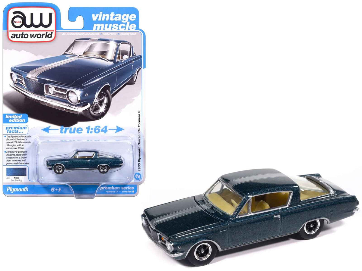 Dark blue metallic 1965 Plymouth Barracuda Formula S diecast model car with silver stripe by Miniature Motors, vintage muscle series.