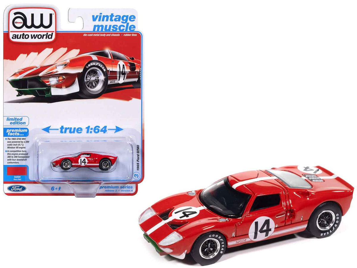 Red 1965 Ford GT40 #14 diecast model car with white stripes by Miniature Motors, part of Auto World's Vintage Muscle series.