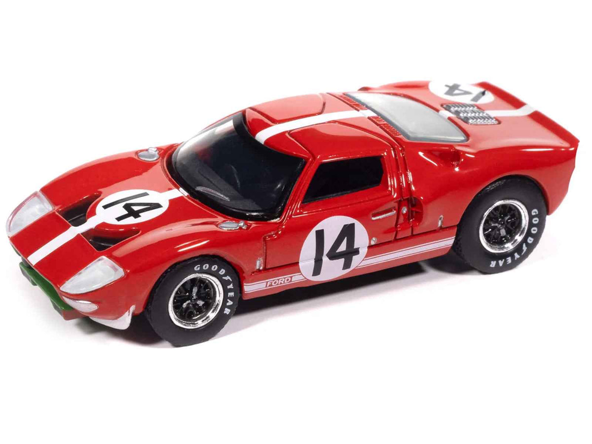 Red 1965 Ford GT40 #14 diecast model car with white stripes, Vintage Muscle Series, by Miniature Motors, detailed 1/64 scale.