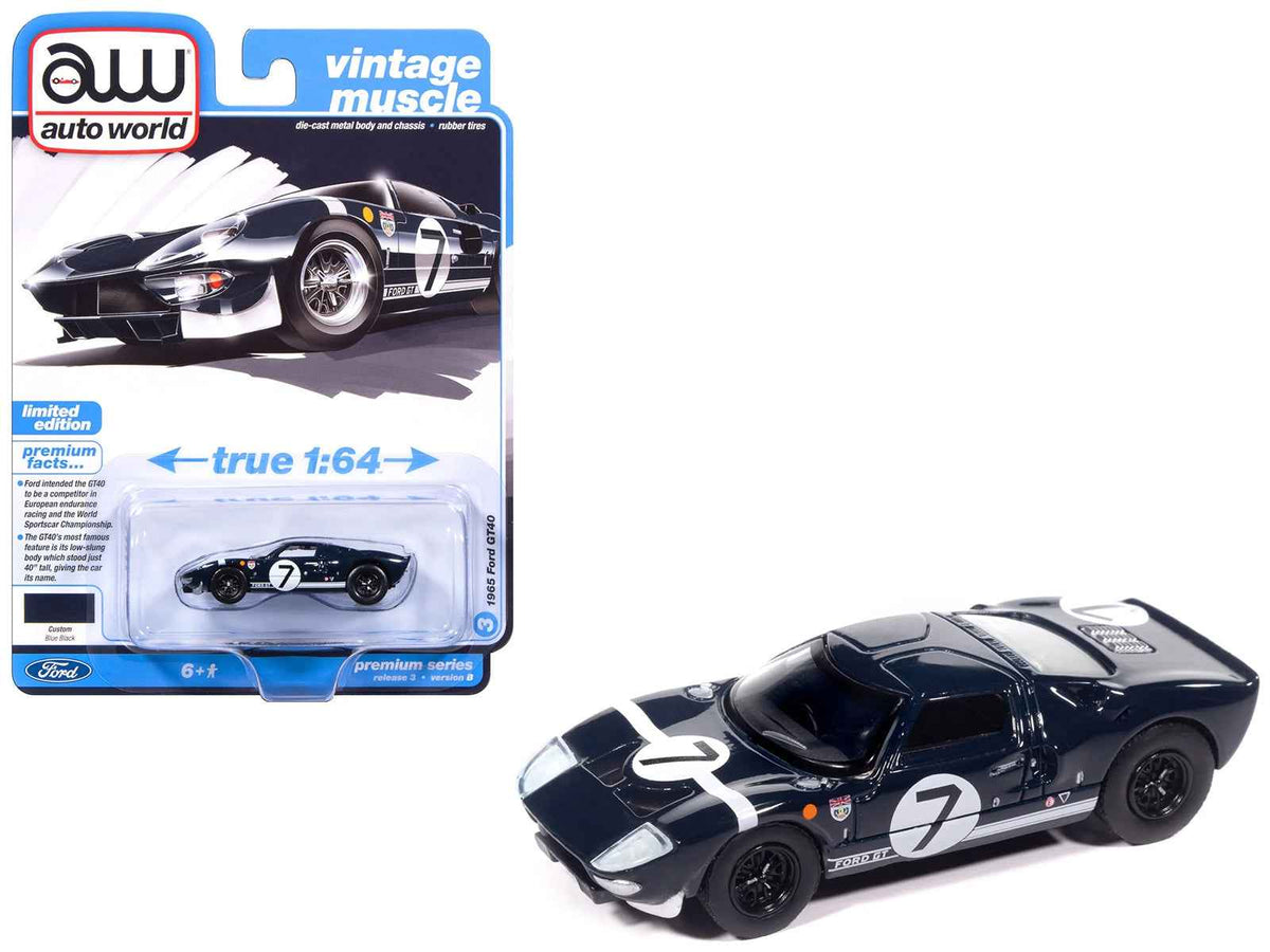 Blue and black 1965 Ford GT40 #7 diecast model car with white stripes from Auto World's Vintage Muscle series, 1/64 scale.