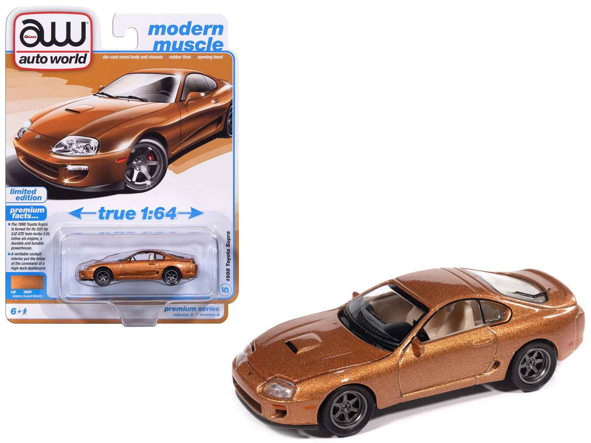 1998 Toyota Supra Sedona Sunset Bronze Metallic diecast model car by Auto World, part of the Modern Muscle Series, 1/64 scale.