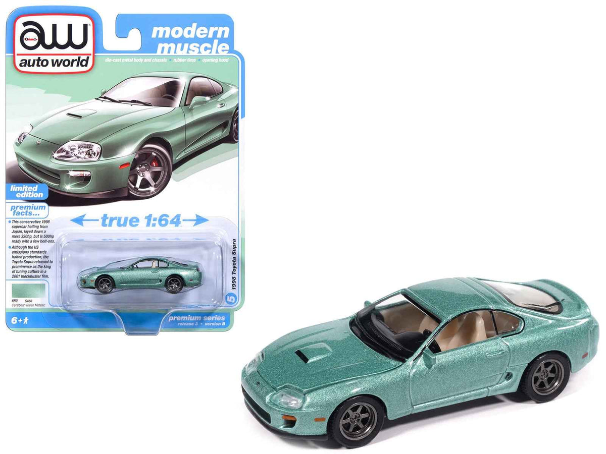 Miniature Motors 1/64 diecast model of 1998 Toyota Supra in Caribbean Green Metallic, part of Auto World's Modern Muscle Series.