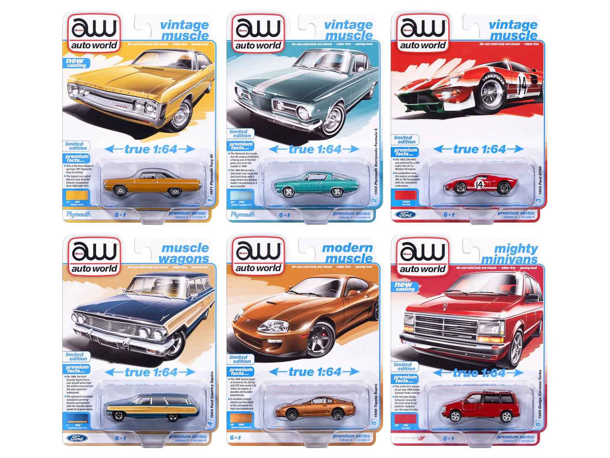 Set of six 1/64 scale diecast model cars by Miniature Motors, part of Auto World's 2025 Release 3 collection.