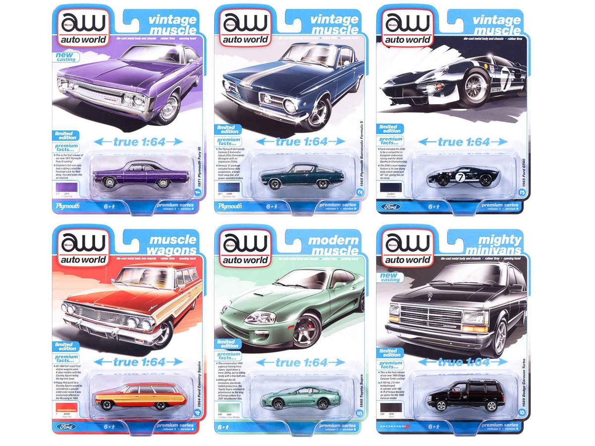 Set of six Miniature Motors Auto World 1/64 scale diecast model cars from the 2025 Release 3 set, detailed miniature vehicle collection.