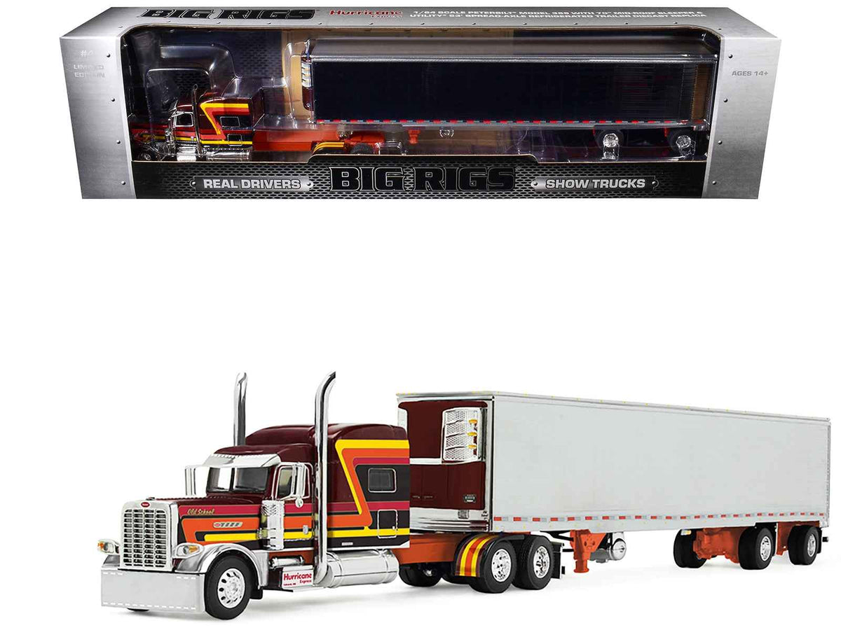 Miniature Motors Peterbilt 389 Pride-N-Class diecast model with 70" sleeper and 53' utility reefer trailer, brown with stripes.