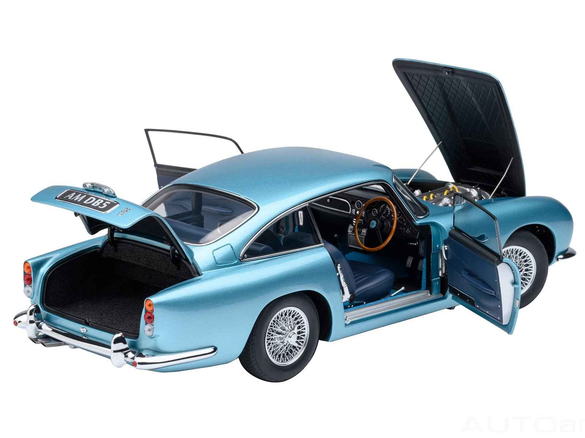 Aston Martin DB5 RHD model car in Caribbean Pearl Blue metallic by Autoart, detailed 1/18 scale miniature from Miniature Motors.