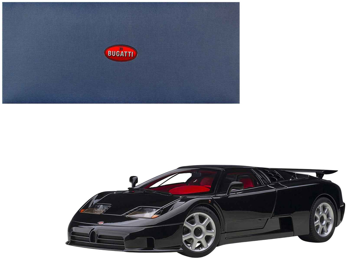 Miniature Bugatti EB110 SS Super Sport model car in black with red interior and silver wheels, detailed 1/18 scale by Autoart