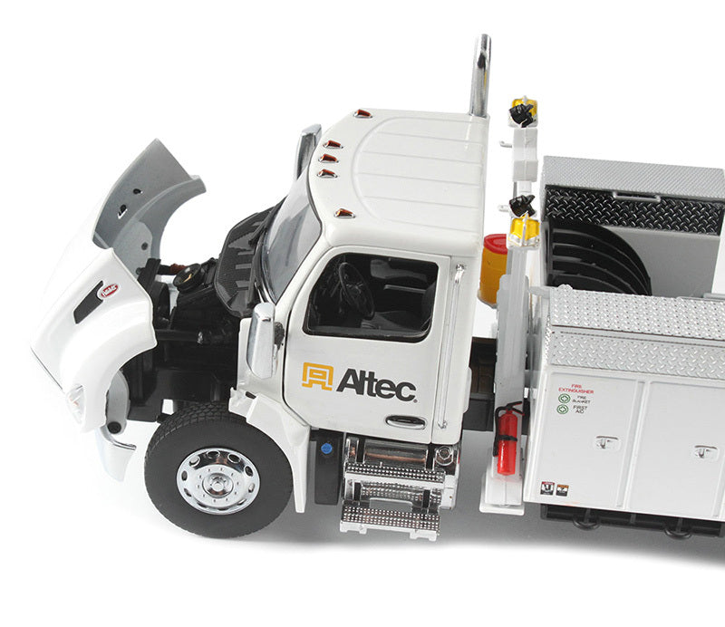 White Peterbilt 536 diecast model truck with Altec AA55 aerial service body, detailed miniature by Miniature Motors.