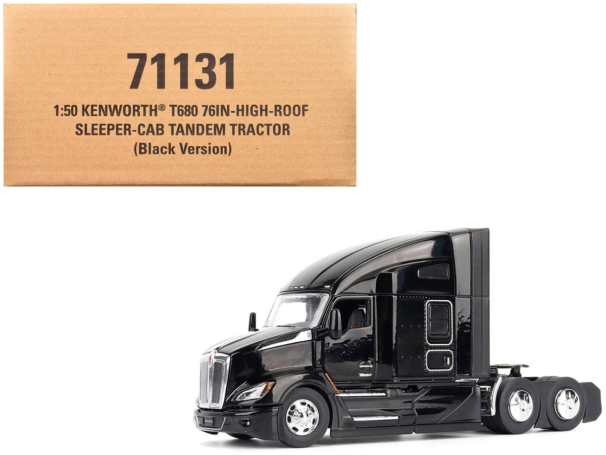 Black Kenworth T680 76" High Roof Sleeper Cab diecast model by Diecast Masters, detailed miniature truck tractor for collectors.