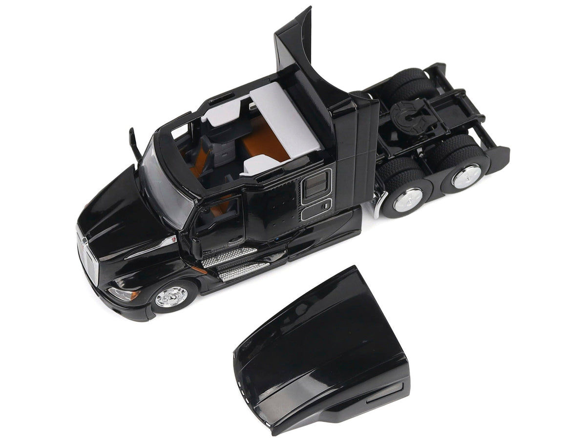 Black Kenworth T680 76" High Roof Sleeper Cab diecast model by Miniature Motors, detailed Transport Series truck replica.