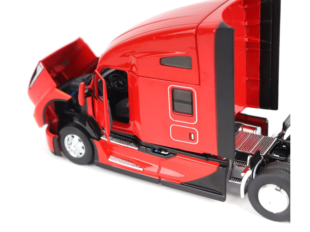 Miniature Kenworth T680 76" high roof sleeper cab diecast truck model in Viper Red by Diecast Masters, detailed transport series replica.