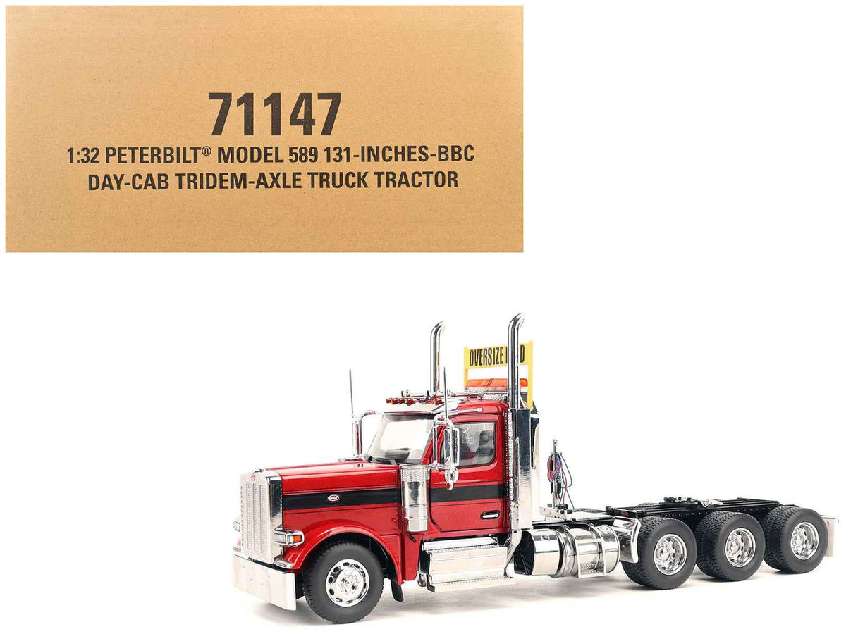 Miniature red Peterbilt 589 Tridem-Axle Truck Tractor diecast model with day cab from the Transport Series by Diecast Masters