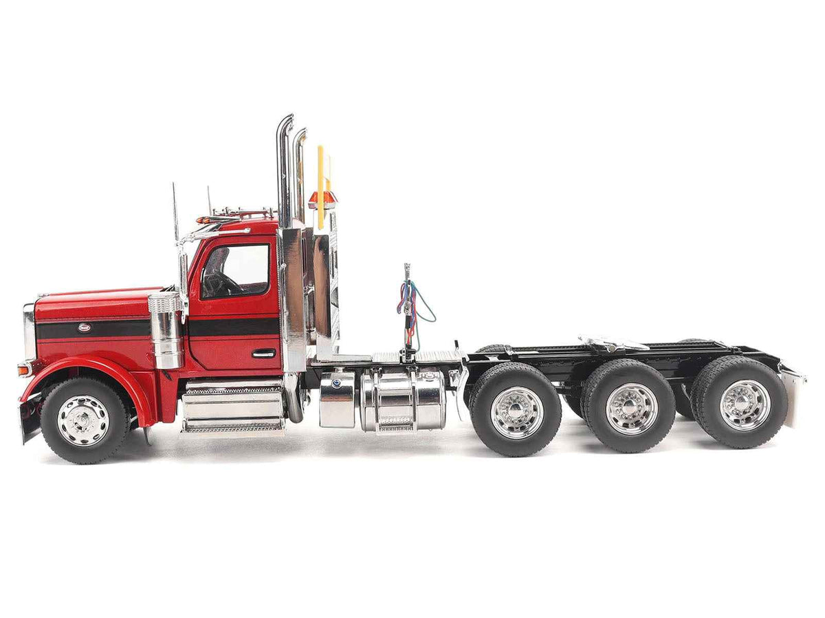 Red Peterbilt 589 tridem-axle truck tractor diecast model by Diecast Masters, detailed miniature of transport series day cab truck.