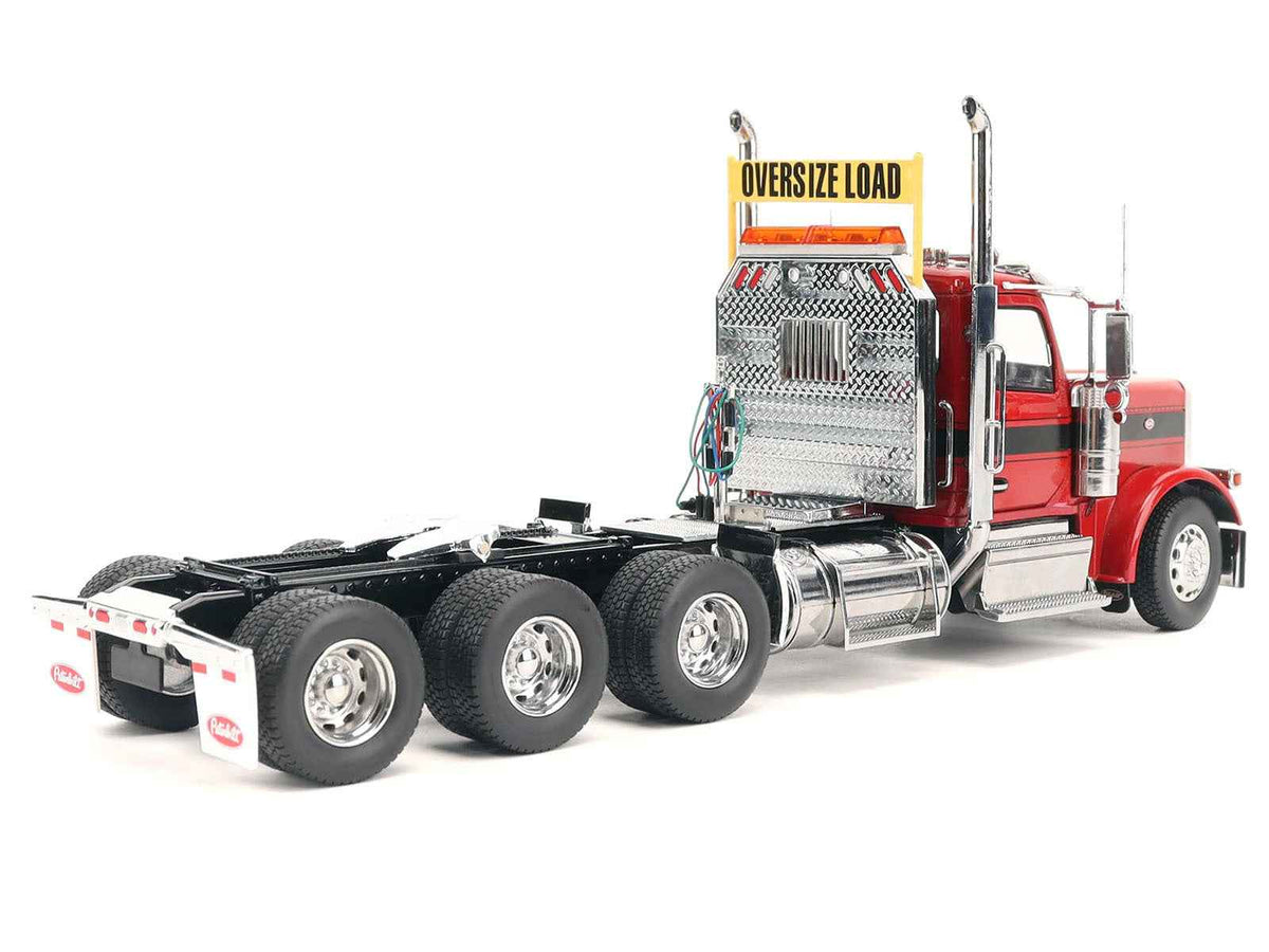 Red Peterbilt 589 Tridem-Axle Truck Tractor diecast model with day cab, detailed miniature by Diecast Masters.
