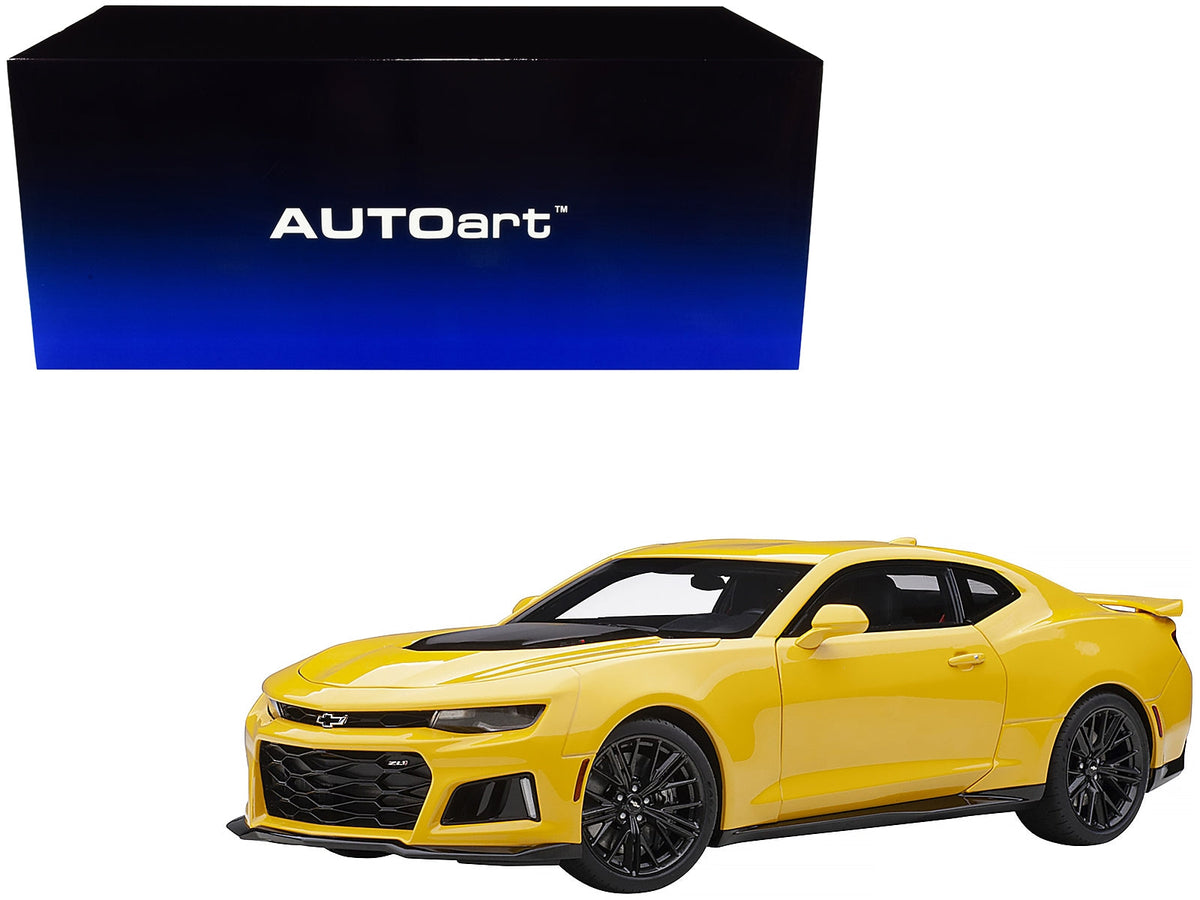 Bright yellow Chevrolet Camaro ZL1 1/18 scale model car by Autoart, detailed miniature Chevrolet model from Miniature Motors.