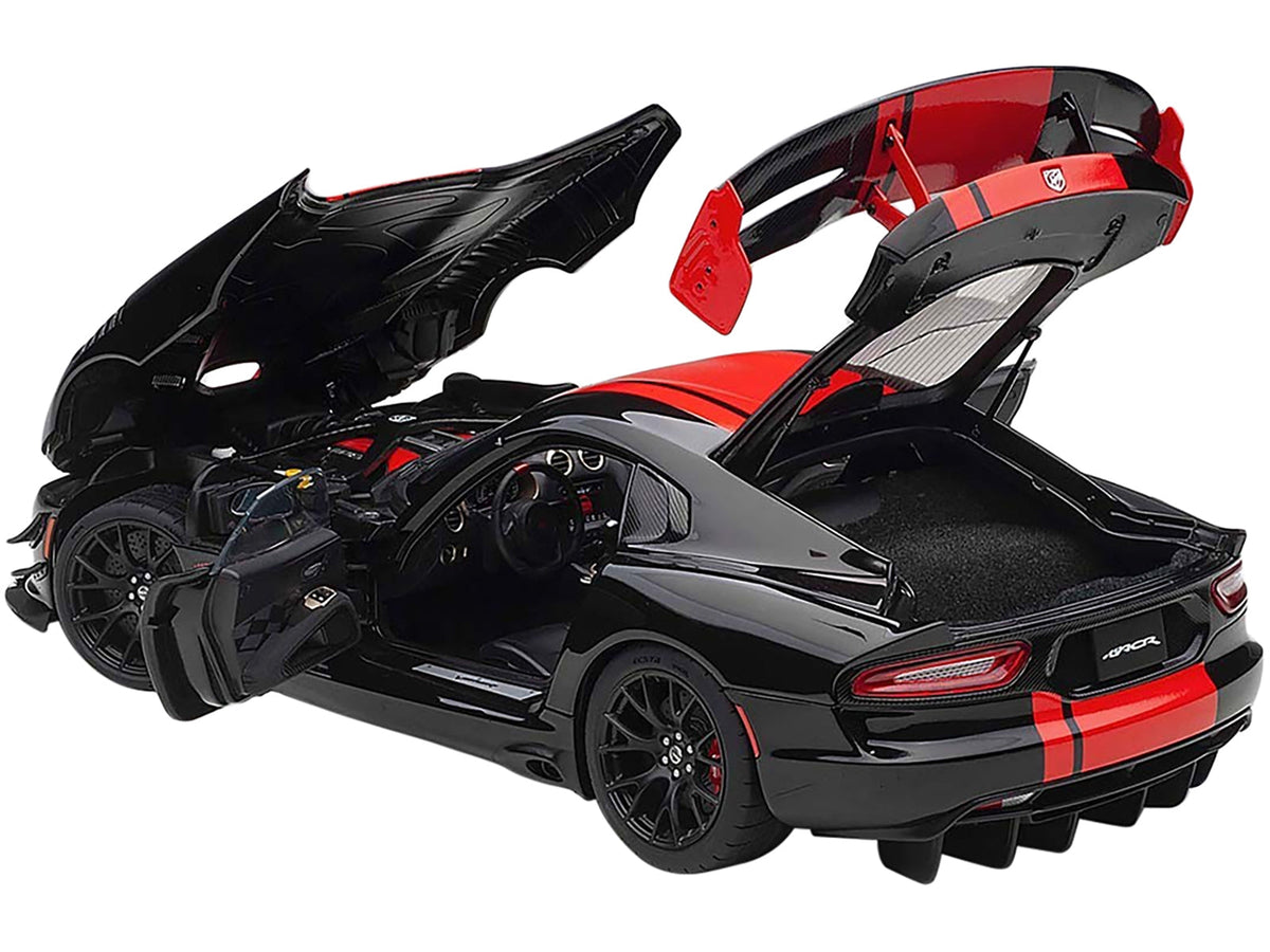 2017 Dodge Viper 1:18 scale model car by Autoart in black with red stripes, detailed miniature Dodge Viper ACR replica.