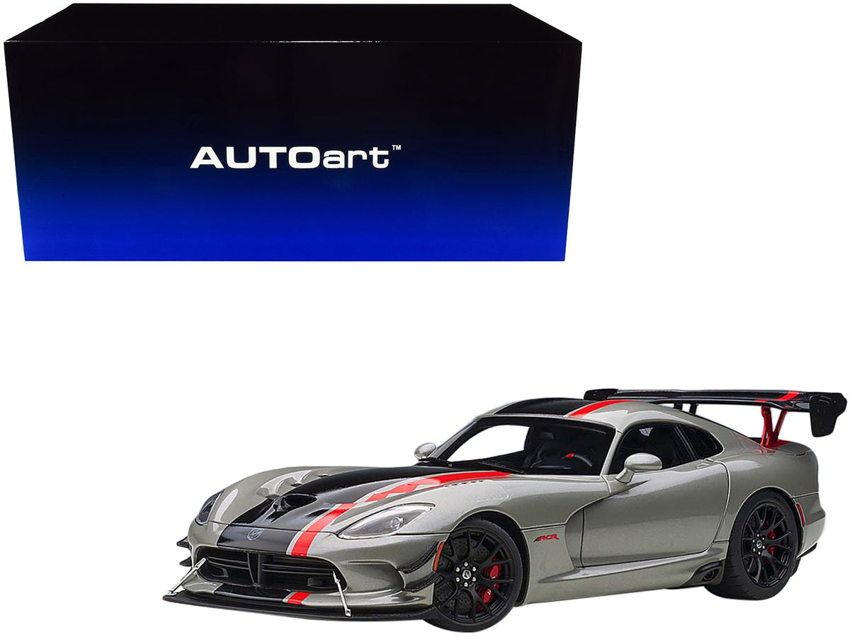 Miniature Dodge Viper ACR model car in Billet Silver Metallic with black and red stripes, 1/18 scale by Autoart.