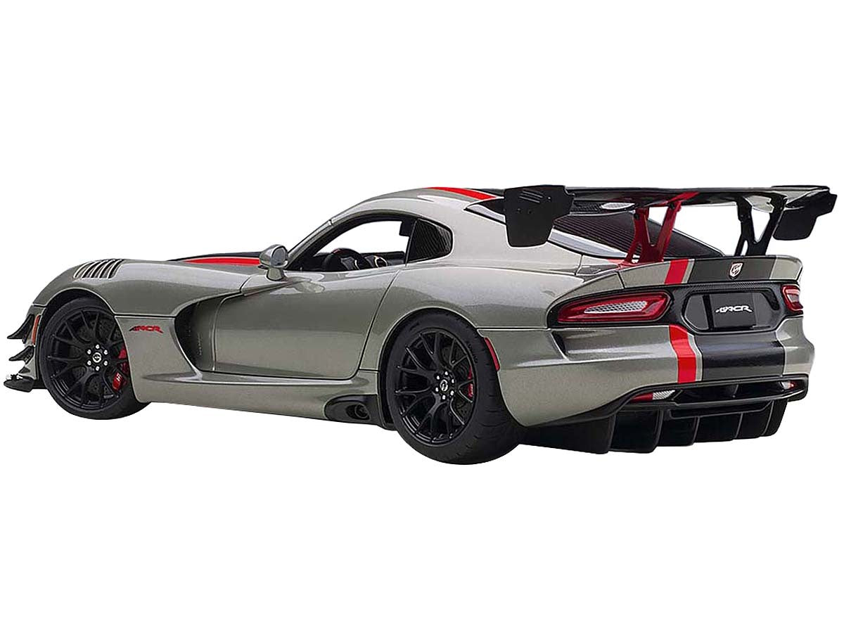 Miniature 2017 Dodge Viper ACR model car in billet silver metallic with black and red stripes by Autoart.