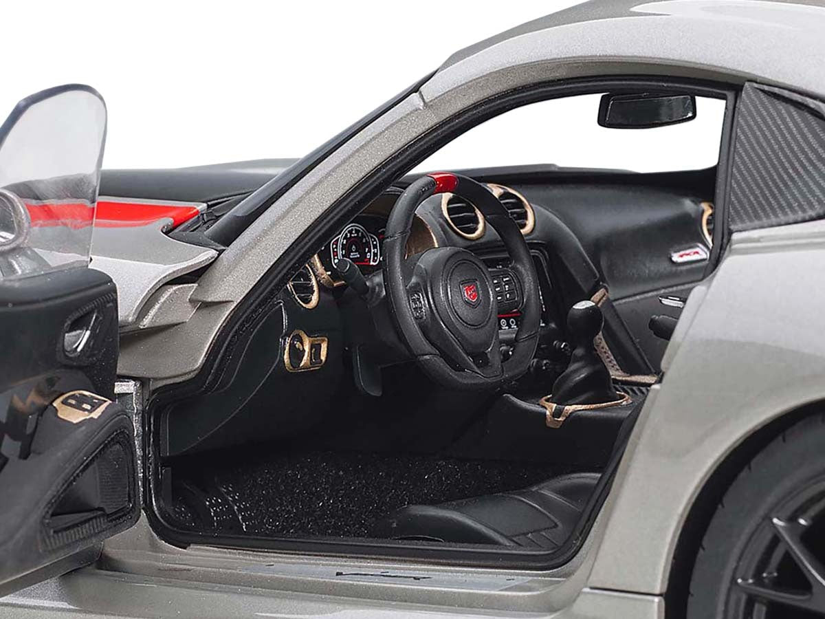 Miniature Motors 1/18 Dodge Viper ACR model car in Billet Silver Metallic with black and red racing stripes.