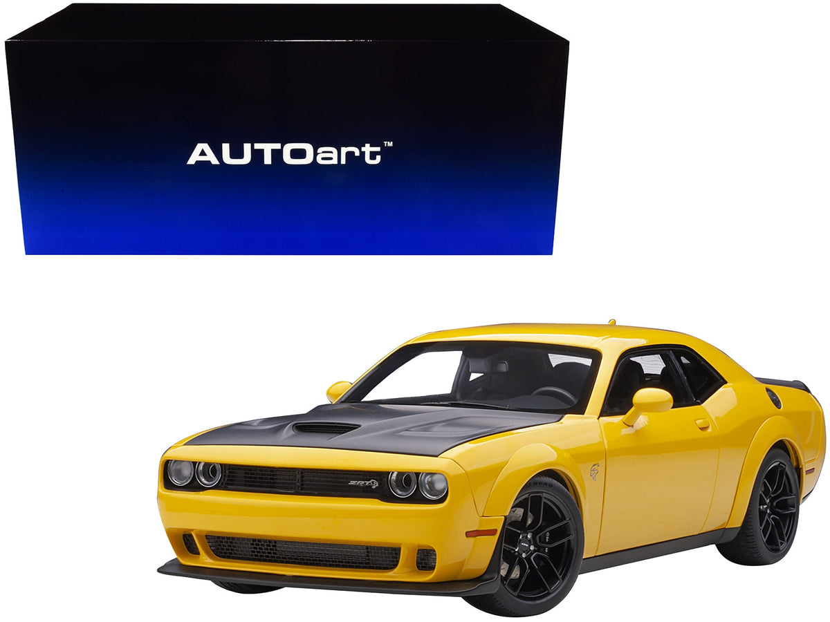 Dodge Challenger SRT Hellcat Widebody Yellow Jacket model car by Autoart, featuring satin black hood, detailed miniature collectible.